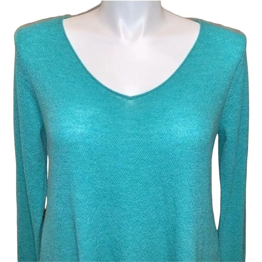 Eileen Fisher Womens Sweater Wool Pullover V Neck Asymmetrical Teal Green Large